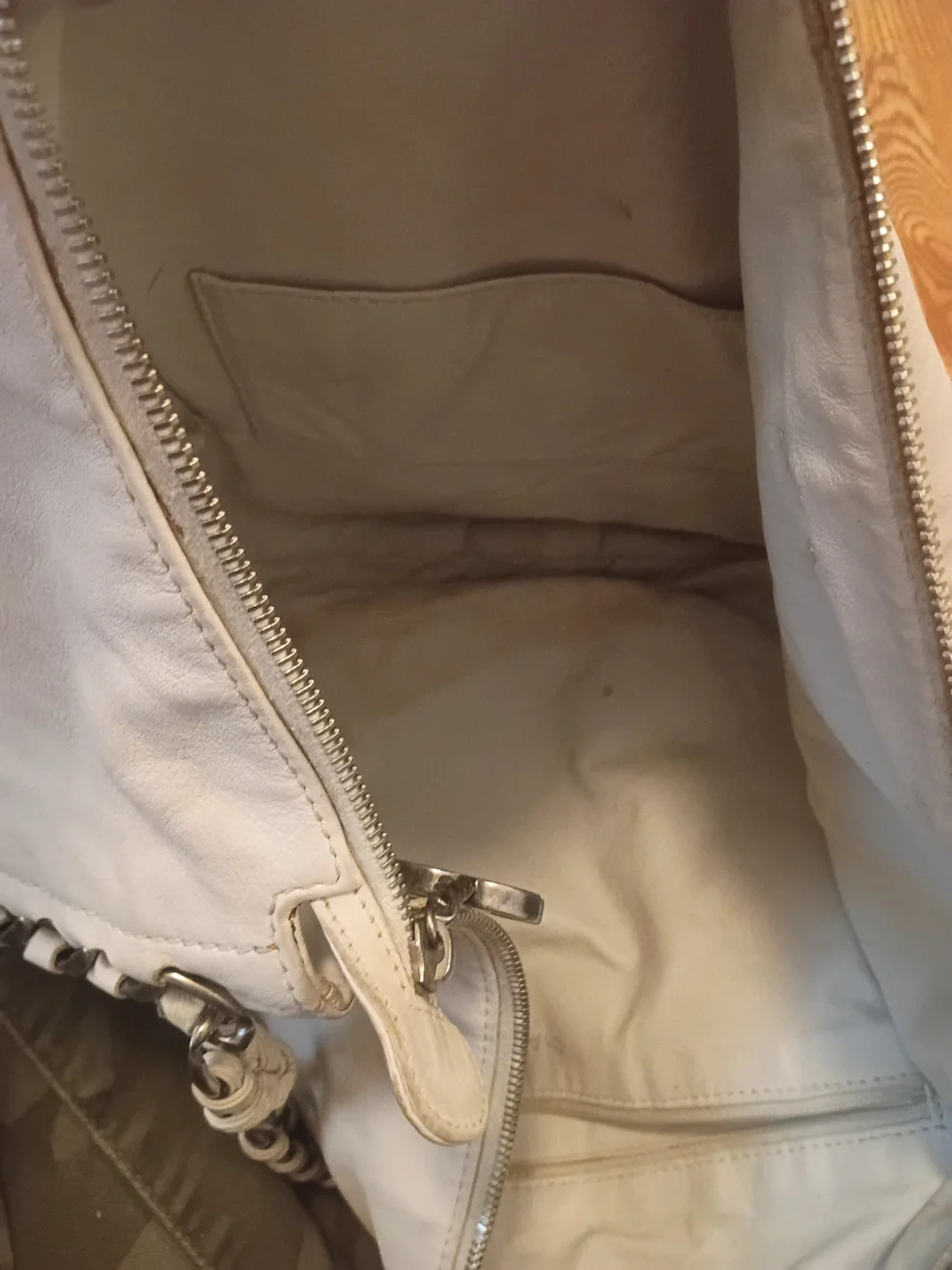 CHANEL Cream Leather Hobo with Silver Chain and CC Stitch
